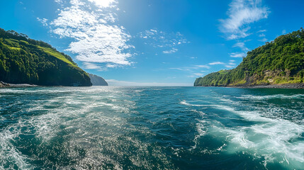 Wall Mural - A stunning wide-angle view of the coastline seen from a boat, with glittering sea waves, lush green hills and a peaceful blue sky