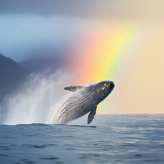 Poster - whale breaches ocean surface under vibrant rainbow, creating stunning natural scene