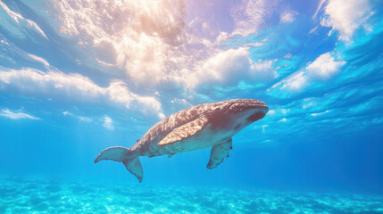 Poster - majestic whale swims gracefully in clear blue waters, surrounded by sunlight and clouds
