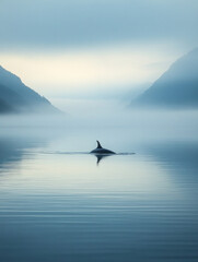 Poster - serene scene of whale swimming in calm waters, surrounded by misty mountains. tranquil atmosphere evokes sense of peace and wonder