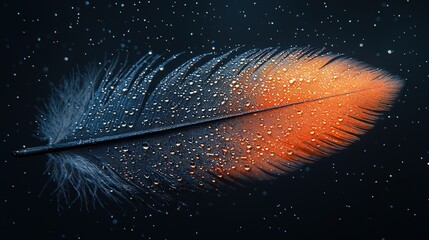 Poster - A feather with water droplets on it glows with warm orange and cool blue hues against a dark backdrop speckled with light. Perfect for backgrounds or nature-themed designs.