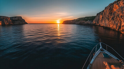 Wall Mural - Wide-angle shot of a tranquil coastline seen from a boat, with calm waters meeting a rugged shoreline framed by a glowing sunset in the distance