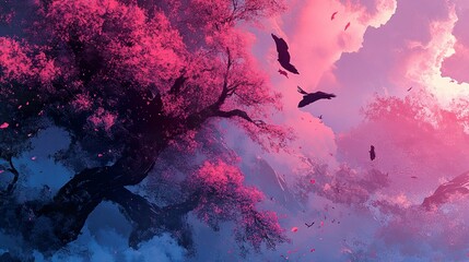 Wall Mural - Pink Sunset Landscape: Birds Flying Above Dreamlike Tree