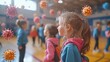 © kamonrat - A conceptual scene of microscopic germs traveling through the air in a school gymnasium, showing their movement as students interact in the background