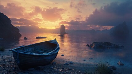 Wall Mural - Sunset Serenity: A Lonely Boat on a Tranquil Shore