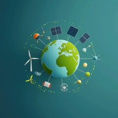 Wall Mural - icons of solar and wind energy circling a green glowing earth