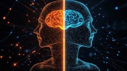 Poster - A Digital Concept Representing Neural Connections and Human Intellect with Divided Brain Hemisphere in Orange and Blue Color Palette, Abstract Art for Technology and Science Themes