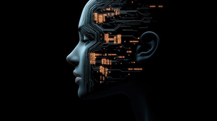 Fototapete - Futuristic Profile of a Human-like Robot with Circuitry on Face Highlighting Advanced Technology and Artificial Intelligence in Dark Setting