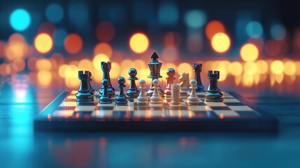 Poster - Chess Game in Focus with Blurred Bokeh Background Highlighting Pawns, Rooks, Knights, and Kings in Strategical Positioning on a Wooden Board
