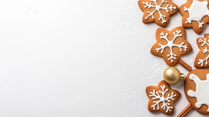 Star-Shaped Gingerbread Cookies with Snowflake Icing Flatlay Composition, Christmas Concept, White Background Christmas cookies, gingerbread