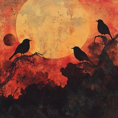 Canvas Print - Three Birds Silhouetted Against a Large Orange Moon