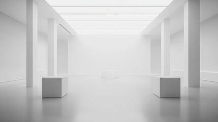 Fototapete - A bright, minimalist exhibition hall with two empty stands, smooth surfaces, and a neutral color palette, creating a clean and focused environment