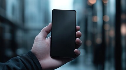 Hand holding smartphone with blank screen in city.