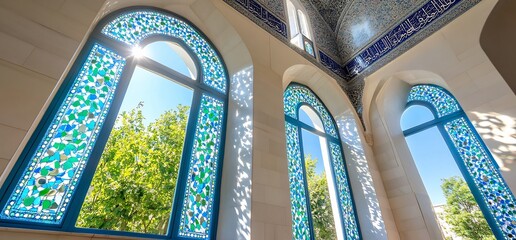 Poster - Sunlit Stained Glass Windows in Ornate Building Interior