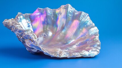 Poster - Iridescent Shell on Blue Background - Close-Up of Vibrant Colors