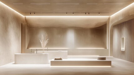 Fototapete - A minimalist exhibition setting with two empty stands, featuring clean lines, neutral tones, and bright, even lighting for a refined atmosphere