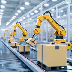 Poster - a highly detailed close-up of robotics managing packages in an automated logistics facility