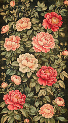 Wall Mural - The image is a floral wallpaper featuring a vibrant pattern of large, blossoming peonies in shades of red and pink, set against a dark green background