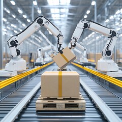 Poster - a highly detailed close-up of robotics managing packages in an automated logistics facility