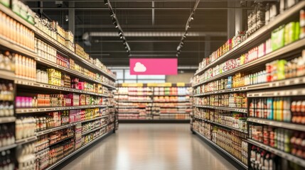 Fototapete - A realistic 3D render of a supermarket interior with well-organized shelves displaying product packages and a banner hanging to catch customers' attention