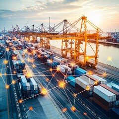 Poster - a global logistics network illustrated with interconnected cargo hubs optimized for high-speed delivery