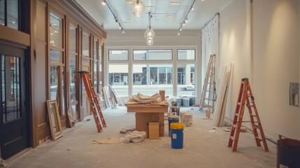 Poster - A retail space in the midst of renovation, with construction materials, ladders, and paint cans scattered around, readying for a new store opening
