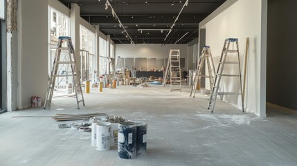 Poster - A retail space in the midst of renovation, with construction materials, ladders, and paint cans scattered around, readying for a new store opening