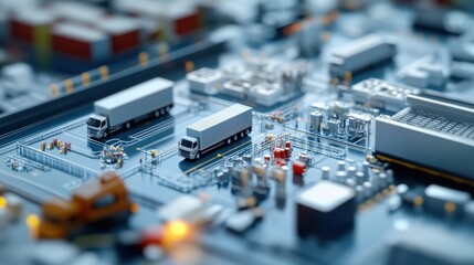 Poster - Aerial View of a Complex Logistics Network with Trucks on a Digital Circuit Board, Symbolizing Technology's Role in Modern Transportation and Supply Chain Management