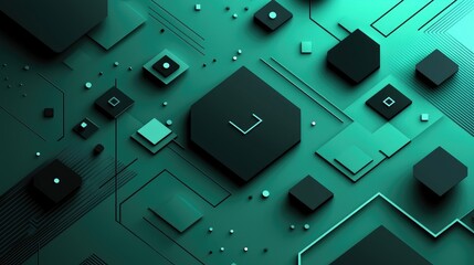 Poster - Abstract Teal and Black Geometric Digital Art: Futuristic Technological Design