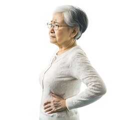 Wall Mural - I need an Asian middle-aged and elderly woman standing and supporting her waist due to lower back pain, with a white background photo, high-definition image, portrait photography.