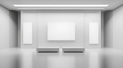 Fototapete - Minimalistic exhibition interior featuring two empty, sleek white exhibition stands, set in a spacious, well-lit gallery space