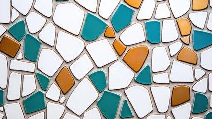 Wall Mural - A vibrant mosaic featuring irregular shapes in turquoise, white, and orange, creating a dynamic and artistic wall design.