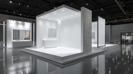 Fototapete - Modern exhibition interior with two empty stands, polished floors, and a minimalist aesthetic, ideal for a sleek, professional presentation