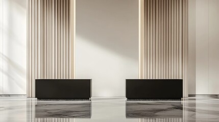 Fototapete - Modern exhibition interior with two empty stands, polished floors, and a minimalist aesthetic, ideal for a sleek, professional presentation