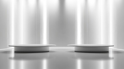 Fototapete - Modern exhibition interior with two empty stands, polished floors, and a minimalist aesthetic, ideal for a sleek, professional presentation