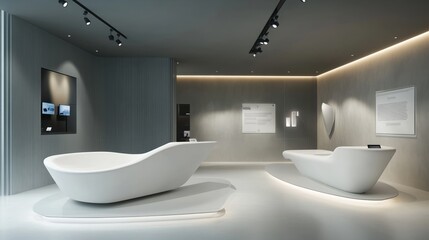 Fototapete - Modern exhibition interior with two empty stands, smooth white surfaces, and a minimalist design, creating a sleek and stylish presentation area