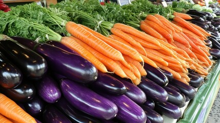 Poster - Vibrant Display of Carrots and Eggplants at a Market Stall