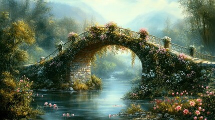 Poster - Romantic stone bridge covered in roses over calm river in lush green landscape.