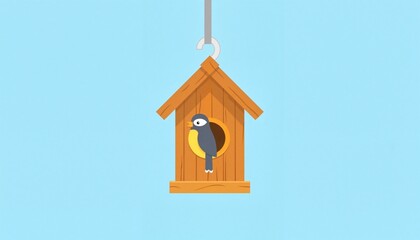 A vector illustration of a birdhouse hanging from a hook with a bird inside