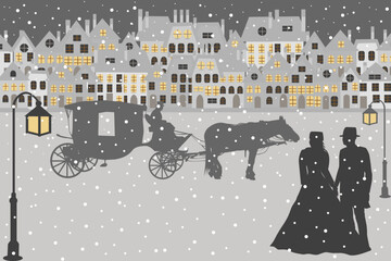 Vintage winter tale with a couple and a horse-drawn carriage.eps