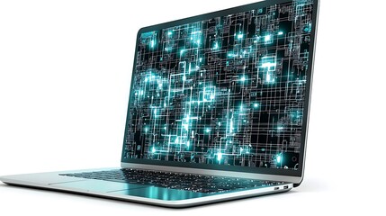 Wall Mural - Laptop displaying digital circuit board;  white background; data processing concept; tech illustration