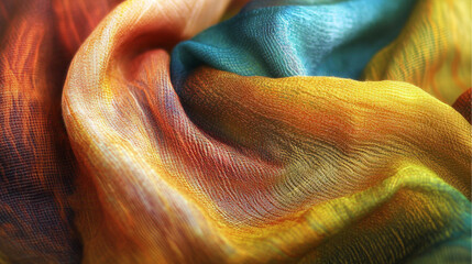 Wall Mural - Colorful abstract fabric or textile with folds and curves, featuring shades of blue, orange, and yellow