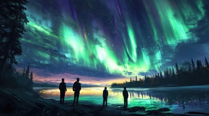 Sticker - Silhouettes of People Gazing at the Aurora Borealis