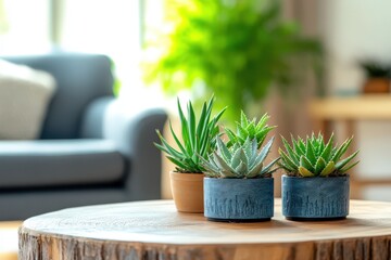 Wall Mural - Three potted succulents displayed on a wooden table