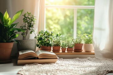 Wall Mural - Sunlit Windowsill Plants Book Cozy Atmosphere