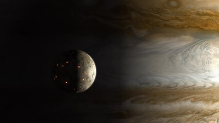 Wall Mural - Long Establishing Shot of the Volcanic Moon Io Emerging From the Shadow of the Gas Giant Jupiter