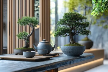 Wall Mural - Tranquil Bonsai Tea Ceremony Scene With Stoneware