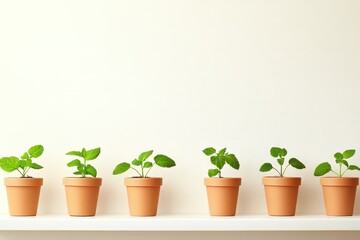 Wall Mural - Six Small Plants In Terracotta Pots On A Shelf