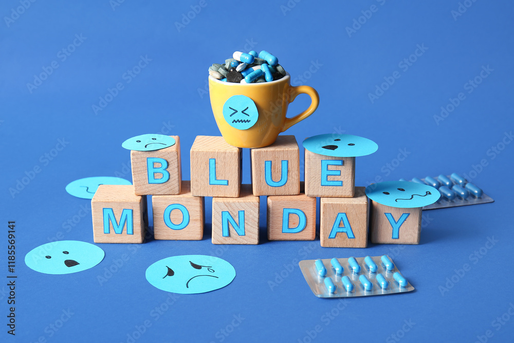 Wooden cubes with text BLUE MONDAY, cup with pills and drawn sad faces