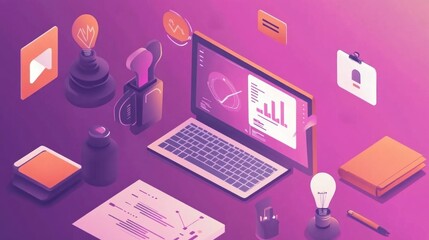Poster - Innovative Digital Workspace: Modern Laptop with Data Analytics and Creative Design Elements